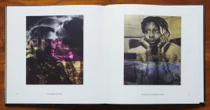 Book open to a spread with two collage artworks based on film stills