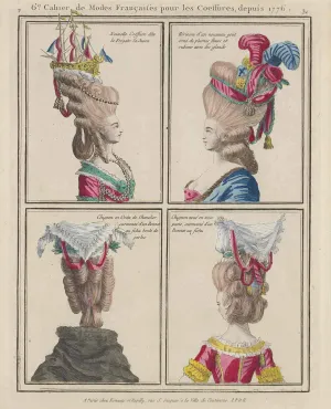 Colored engraving image of French dress in the late 18 century featuring 4 women's facial profiles
