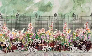 watercolor of flowers against fence