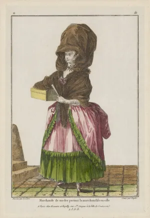 Fashion plate showing a woman selling garments.
