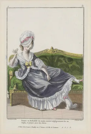 Fashion plate showing a woman on a day bed playing with a dog.