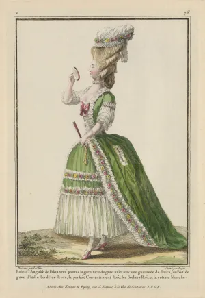 Fashion plate showing a woman in a green dress.