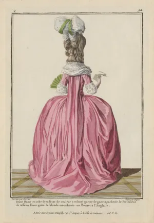 Fashion plate showing a woman from the back in a pink dress.