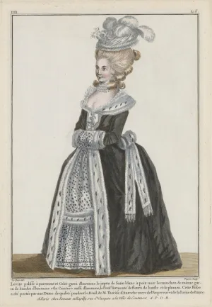 Fashion plate showing a woman in a black dress lined with ermine.