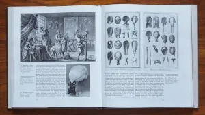 Book open to a spread with images of a wigmaker's shop and various eighteenth-century wigs
