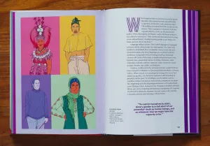 Book open to a spread featuring colorful illustrations of people of various gender identities showing off their personal style