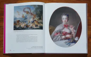 Book open to a spread with images of two Rococo paintings, one of Venus in the sea with nymphs, the other a portrait of a woman seated at her toilette in a pink-and-white dress