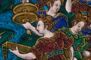 detail of enamel with women playing instruments