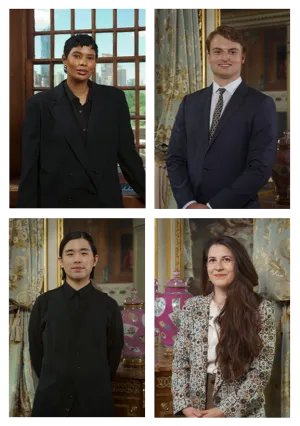 Four individual headshots of the incoming Fellowship recipients within The Frick Collection with Rachel, a woman wearing a black suit jacket in the upper left, Liam, a man wearing a navy suit and tie in the upper right, Yifu, a man wearing an all black attire in the lower left, and Greta, a woman wearing a floral blazer in the lower right