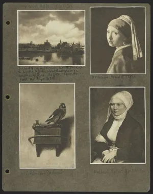 black and white image of scrapbook page with four photographs of dutch paintings and captions