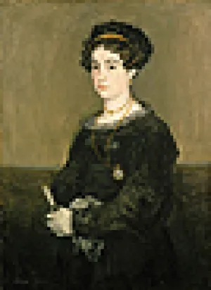 Painting of woman in black dress with red necklace and white gloves