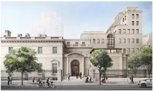 A rendering of a building with people walking and cycling in front