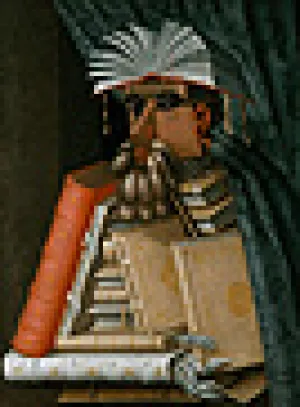 painting of books and curtain situated to replicate the portrait of a man with a beard