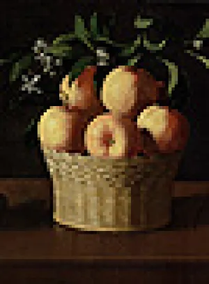 Still life painting of oranges in wicker basket