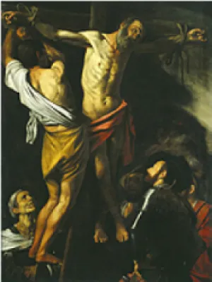 painting of deceased man being taken down from crucifixion, with group below