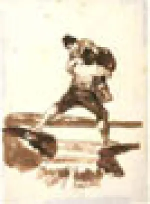 drawing of man straddled over river, to carry a woman across