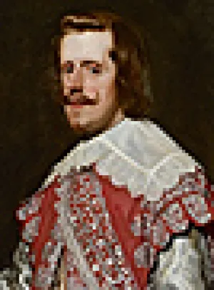 close up of painting of monarch wearing intricate red garb and white lace collar