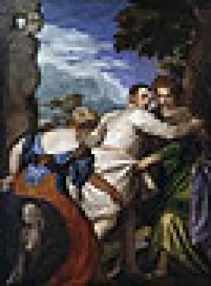 Painting of man in white garb stretching between two women in dresses