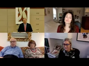 video still of five individuals talking over online meeting