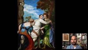 video still of Aimee Ng and oil painting of man between two women