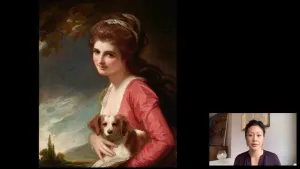 Video still of Aimee Ng and painting of woman holding a dog