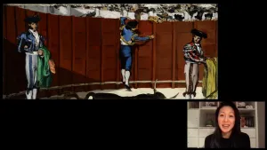 video still of Aimee Ng and oil painting of bullfighters