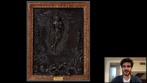 video still of Giulio Dalvit and sculpture relief of The Resurrection