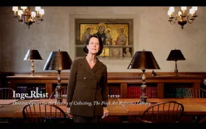 Video still of Inge Reist in Reading Room of the Frick Art Reference Library