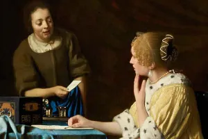 oil painting depicting mistress seated and maid handing her a note