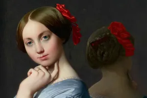 close up of painting by Ingres showing girl with finger on chin, promoting app