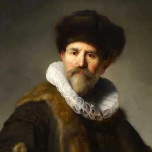 Oil painting of a standing man wearing a fur coat