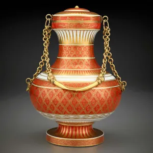 Red and gold porcelain vase with lid and gold chain