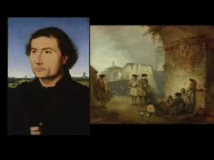 slide of two paintings including portrait of man and soldiers