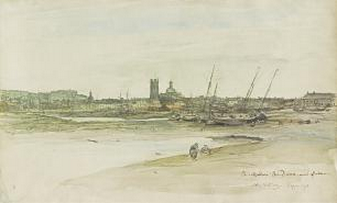 painting of harbor landscape with town in background